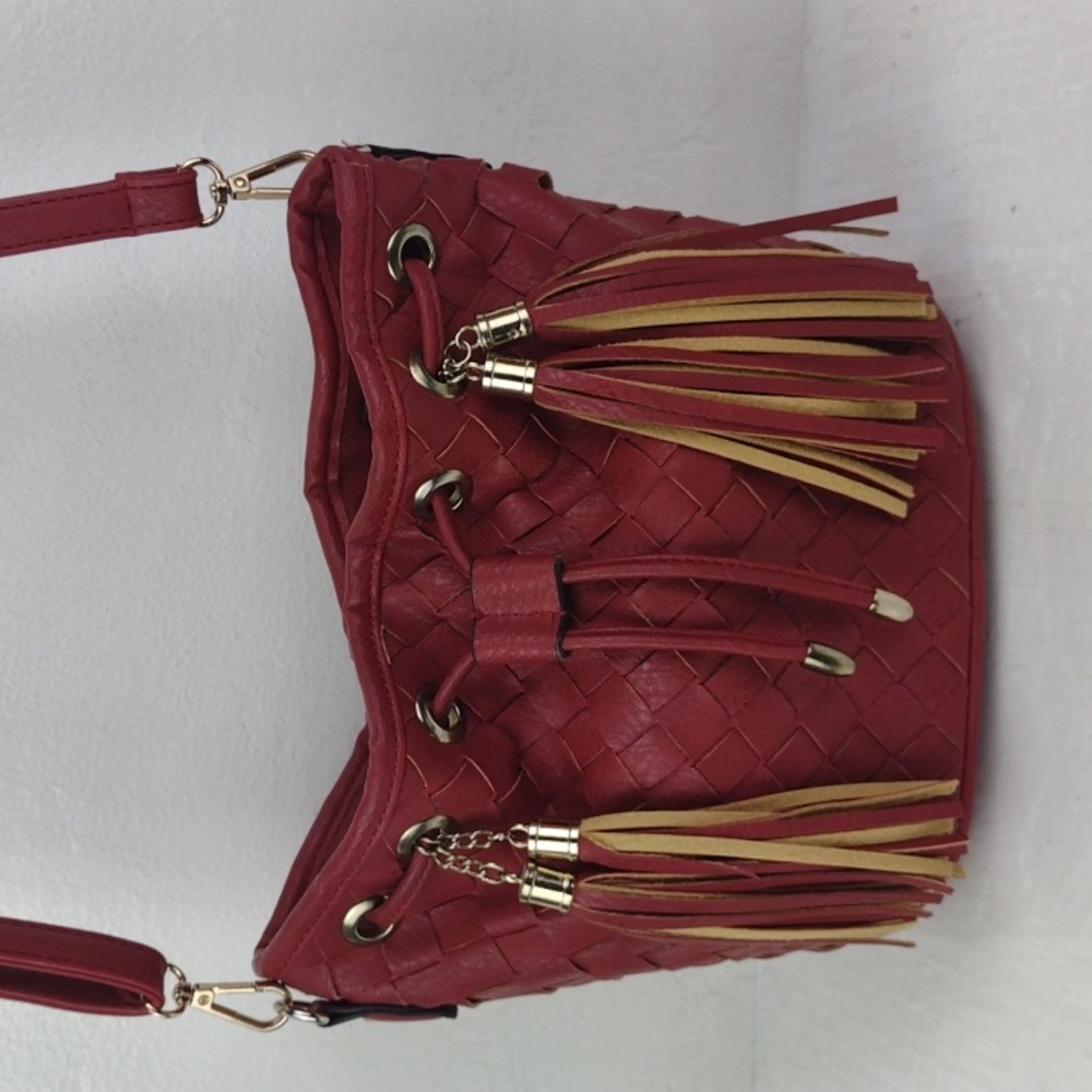 Braided Leather-Like Fully Tasseled Cranberry & Tan Crossbody Bag EUC